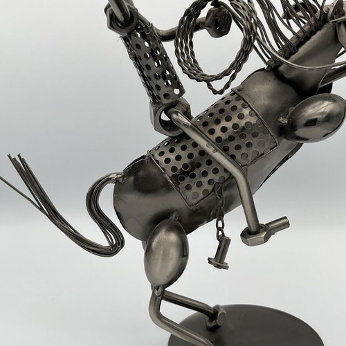 Handmade Industrial Metal Sculpture "Cowboy with Lasso on Horse"