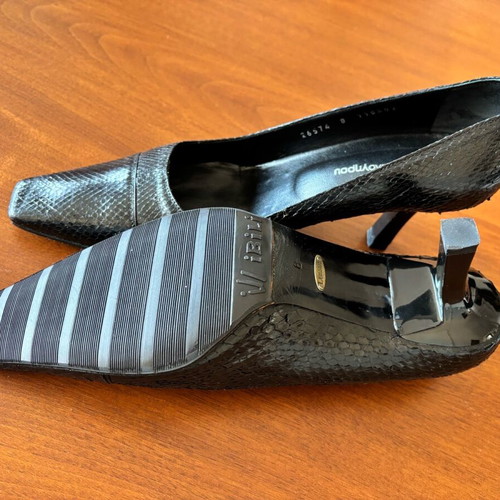 Kalogirou Black Leather Snake Print Heels like new, size 39-39.5