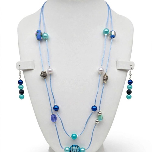 Multi Strand Beaded Necklace and Earrings Handmade Shades of Blue