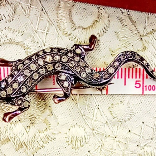 Vintage lizard brooch silver 925 and 14K gold with diamonds and rubies like new