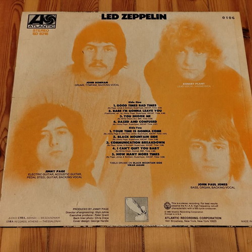 Led Zeppelin I vinyl record used, rare Greek edition 1975
