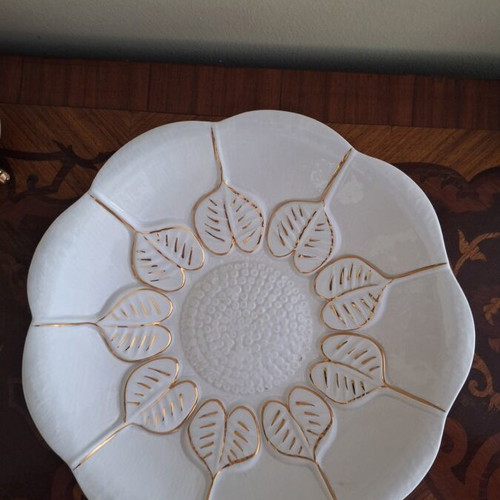 Handmade ceramic platter white with gold decoration, like new