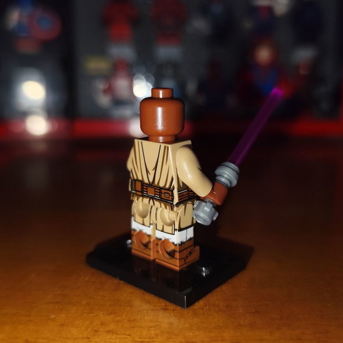 Mace Windu Lego minifigure with purple lightsaber and stand