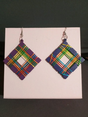 Handmade wooden earrings with threads, 6 cm length, new