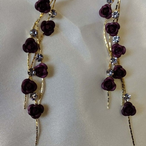 Fashion earrings with rose petals and rhinestones new, purple and gold