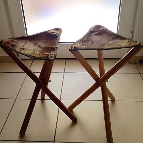 Wooden folding tripod stools refurbished, set of 2