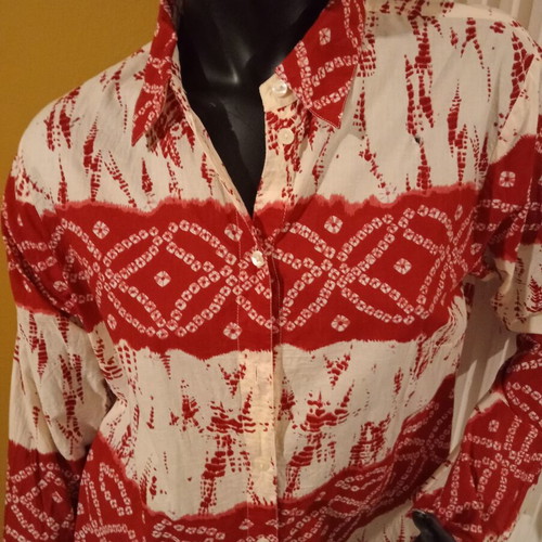 Long-sleeve thin cotton shirt, UK 18, red and cream