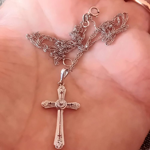 White gold cross 14K 585 with chain, vintage, like new