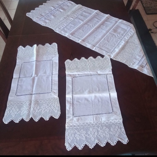 Set of 3 handmade white linen table runners with crocheted cotton lace