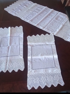 Set of 3 handmade white linen table runners with crocheted cotton lace