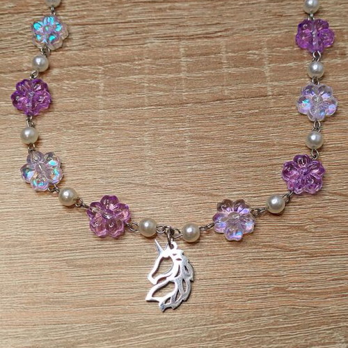 Handmade unicorn necklace new with glass flowers and imitation pearls