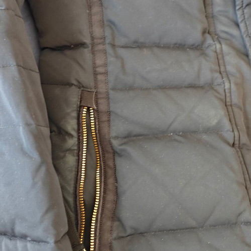 Zara women's jacket large blue black used, long, down-filled