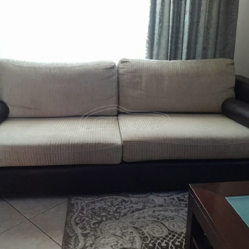 Sofa set used, two- and three-seater, solid wood and leather