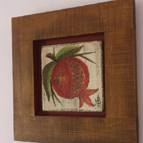 Oil painting on porcelain used, pomegranate theme, wooden frame 31x30 cm
