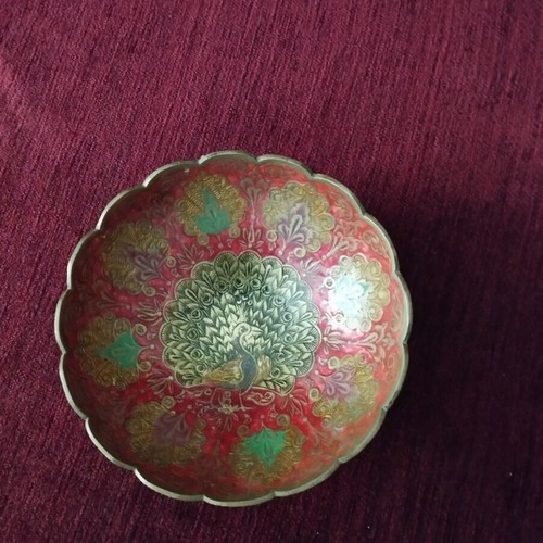 Indian brass bowl used with colorful enamel peacock design