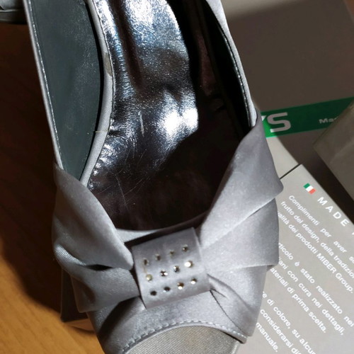 Keys evening sandals grey satin like new, 12cm heel with platform