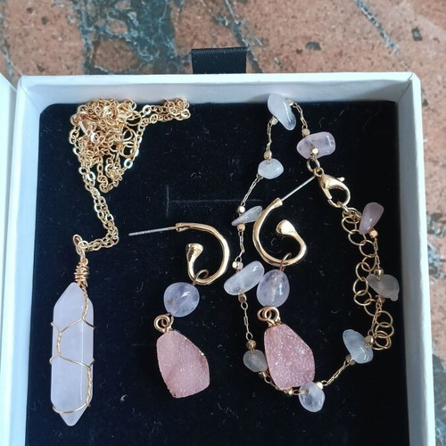 Jewelry set with rose quartz and gold-tone metal elements