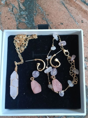 Jewelry set with rose quartz and gold-tone metal elements