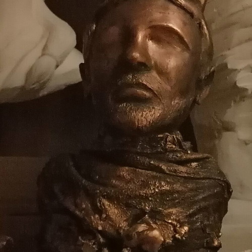 Handmade plaster sculpture with patina, figure with horns 25 cm