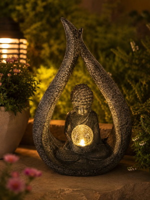 Solar Buddha garden lamp with stone-effect plastic, excellent condition