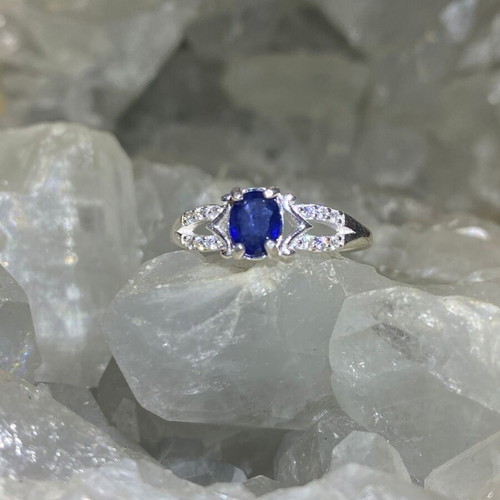 Handmade silver ring with natural blue sapphire and moissanites size 8