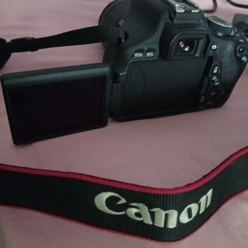 Canon EOS600D camera with 18-55mm lens, strap, charger, and two batteries