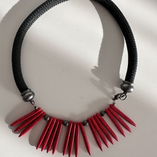 Statement Boho Necklace with Red Coral Style Elements and Black Cord like new
