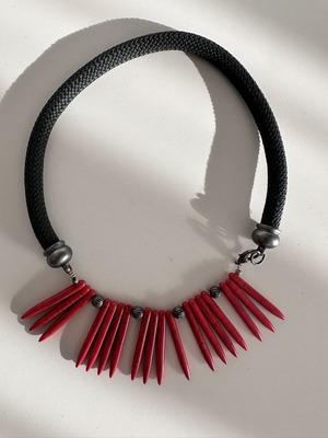 Statement Boho Necklace with Red Coral Style Elements and Black Cord like new