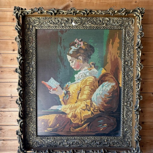 Embroidered antique textile painting used, framed 75x90cm