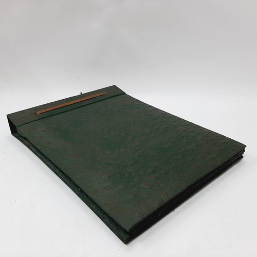 Vintage photo album 60s green embossed cloth with leather tie, 25 leaves