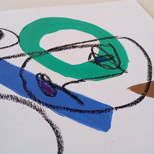One line faces acrylic and oil pastel on A4 watercolor paper new