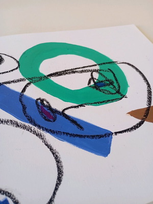 One line faces acrylic and oil pastel on A4 watercolor paper new