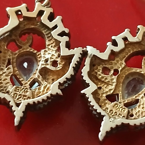 Earrings with semiprecious stones and vintage diamonds in 925 silver and 9k gold