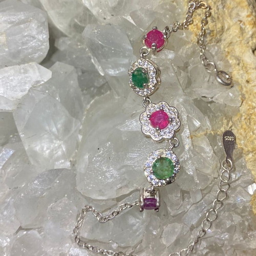Handmade silver bracelet with natural emerald, ruby and moissanite