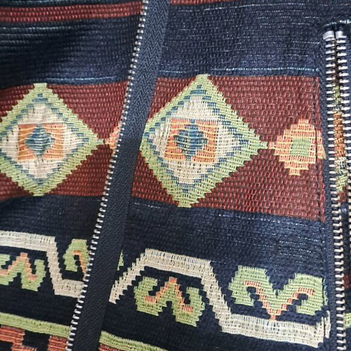 Zara biker jacket used with geometric print and faux leather collar brown