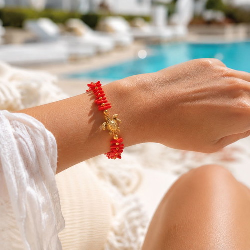Handmade Bracelet with Semi-Precious Stones Coral and Hematite