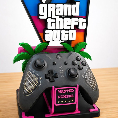 Grand Theft Auto 6 custom 3D printed controller stand with VI logo and palm trees