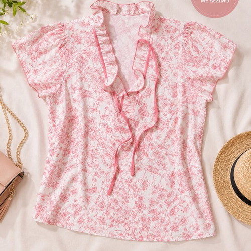 Parisian Pink Floral Blouse with Neck Tie like new