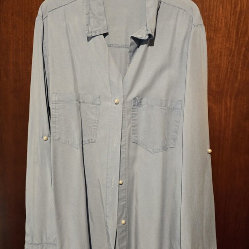 Shirt used, light blue with pearl buttons, sizes S/M