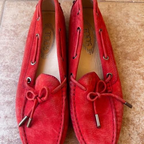 Tod's suede loafers used, driving shoes, size 38, red orange