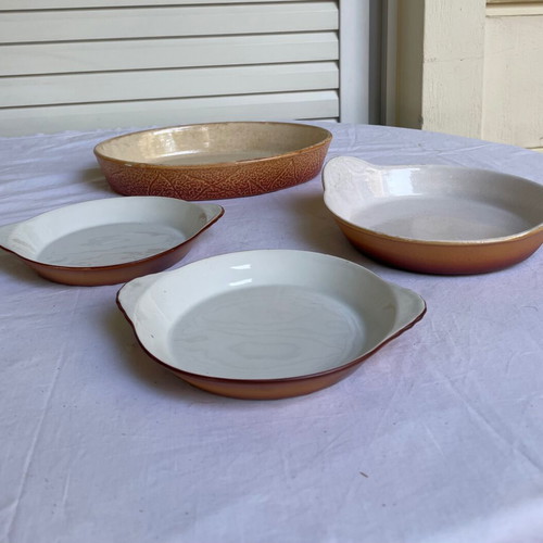 Set of 4 used vintage ceramic and porcelain ovenware