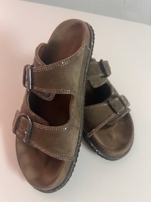 Leather anatomical slippers like new, khaki with rhinestones, size 38
