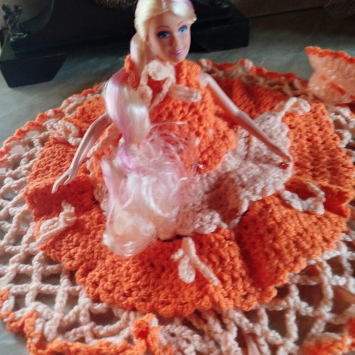 Doll with handmade dress, hat and bag new