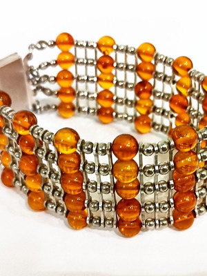 Ασημένιο φαρδύ βραχιόλι καινούργιο με 60 κεχριμπάρια 6mm