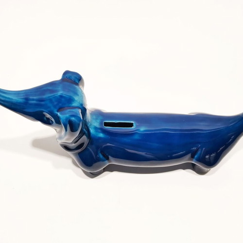 Fiance piggy bank used, Italian '60s dog-shaped with blue enamel