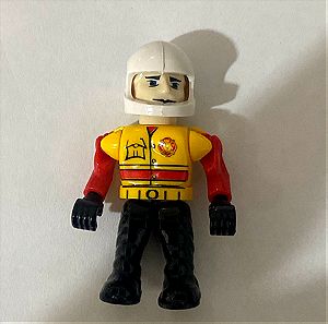 Vintage LEGO Technic Figure Black Legs, Red/Yellow Top, Light Brown Hair (Fireman), White Helmet