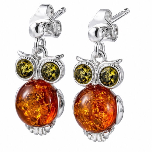 Amber Owl Earrings, Sterling Silver 925, Natural Baltic Amber