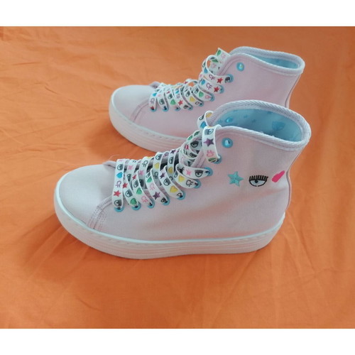 Chiara Ferragni pink canvas platform boots with decorative embroidery