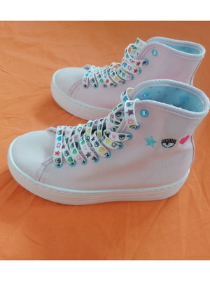 Chiara Ferragni pink canvas platform boots with decorative embroidery