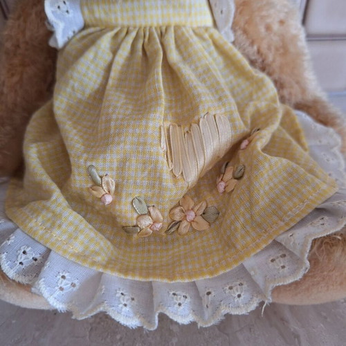 Vintage teddy bear new with yellow checkered dress and lace details